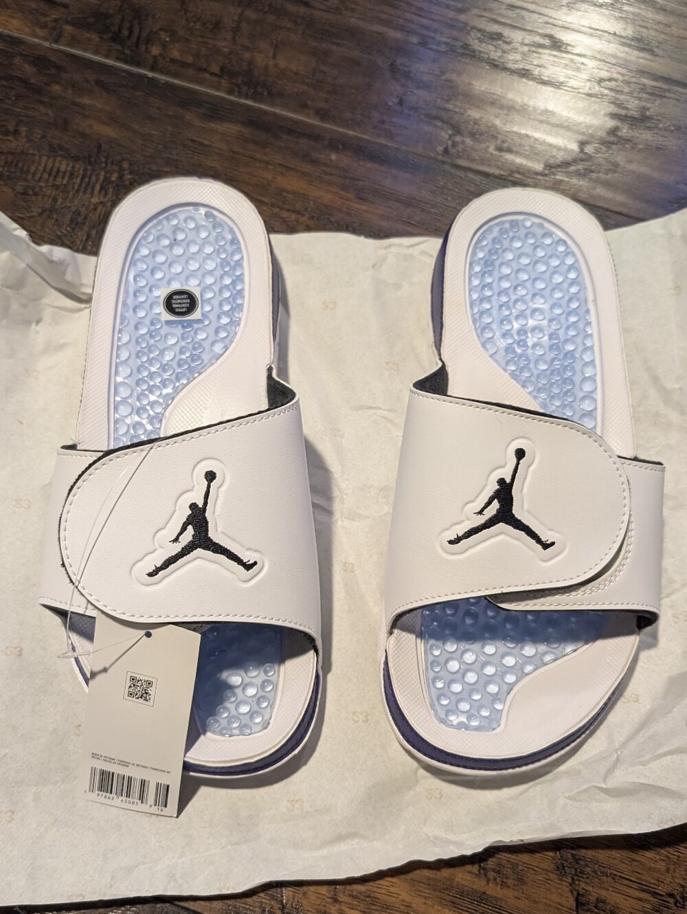 Jordan White Slide Sandals with Light Blue Footbed